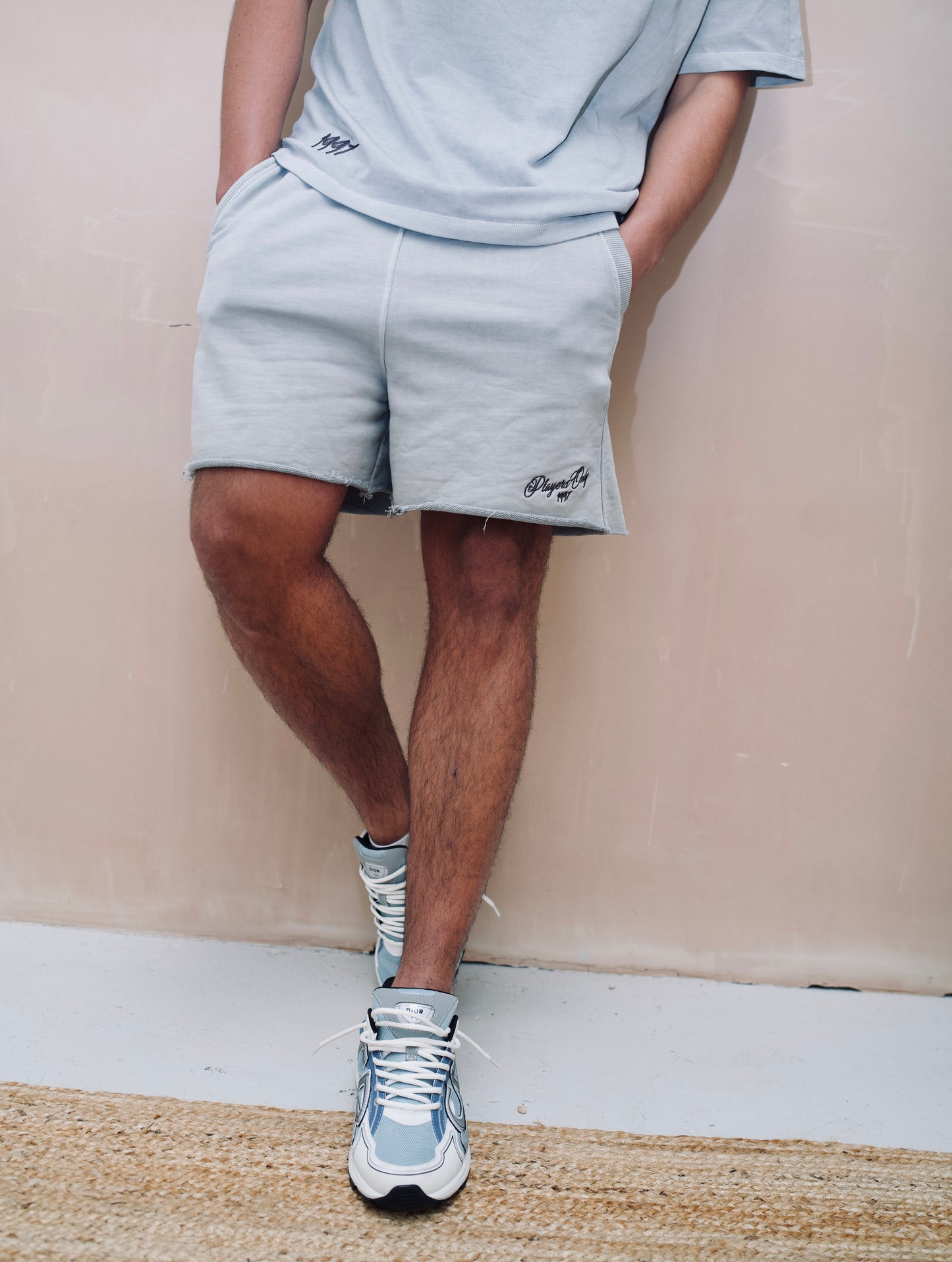 WASHED GREY EMBROIDERED JERSEY SHORTS