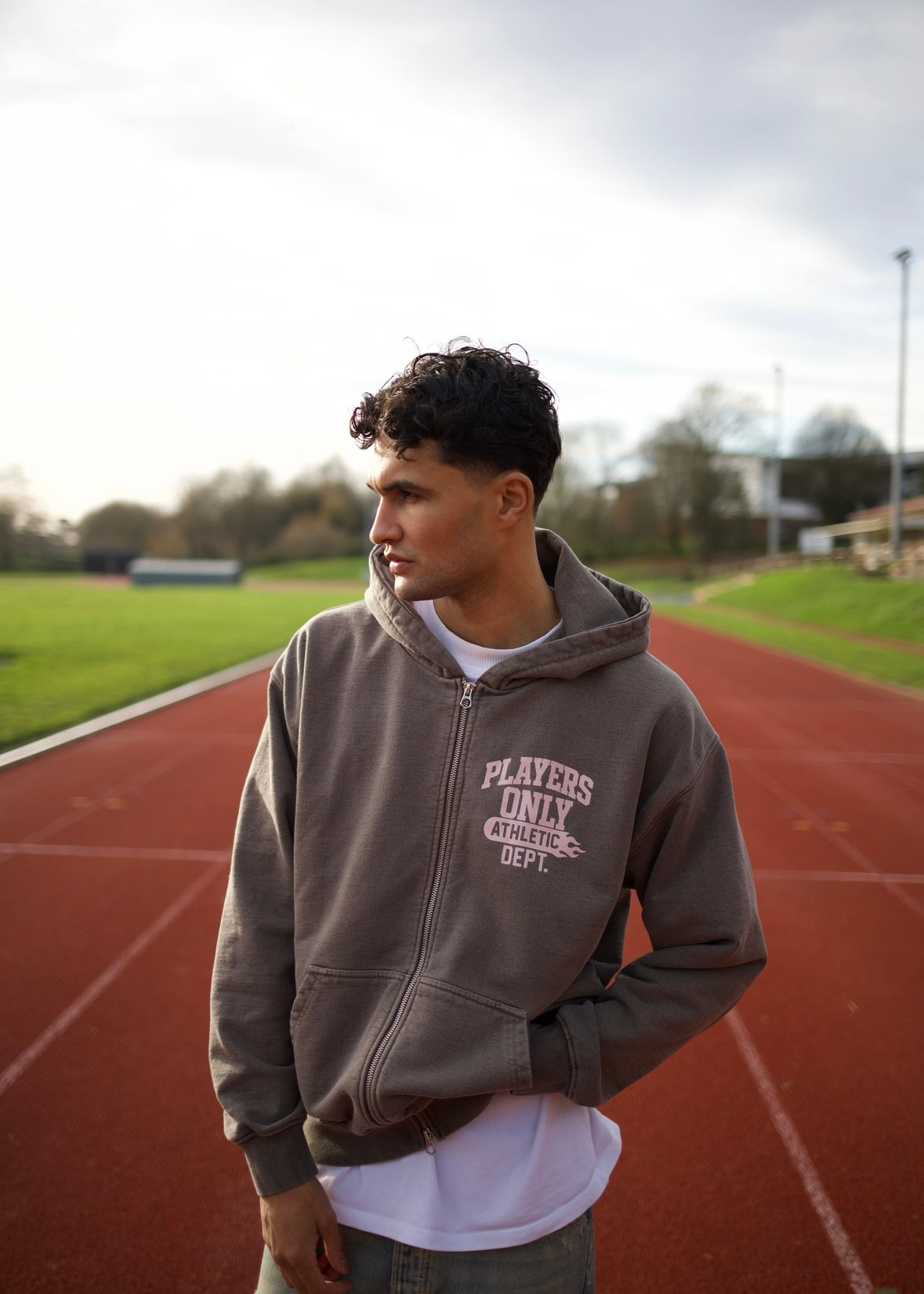 WASHED BROWN ATHLETIC DEPT ZIP HOODIE