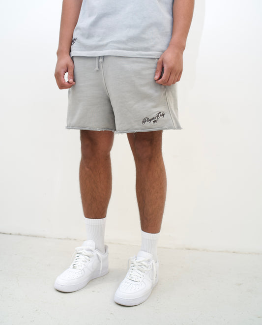 WASHED GREY EMBROIDERED JERSEY SHORTS