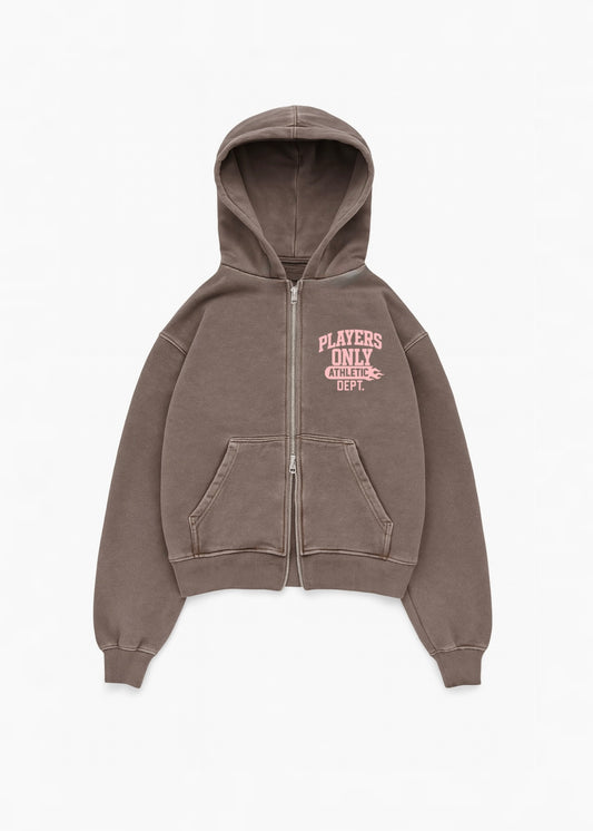 WASHED BROWN ATHLETIC DEPT ZIP HOODIE