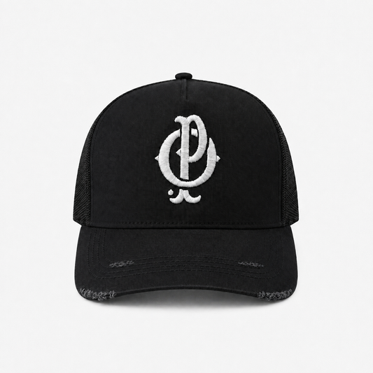 EMBLEM BLACK DISTRESSED TRUCKER
